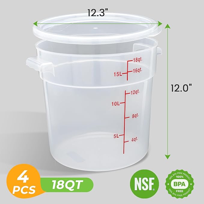 4 Pack Round Food Storage Containers with Lids, 18Qt Large Translucent, Polypropylene, BPA Free, Includes Labels & Measuring Cups