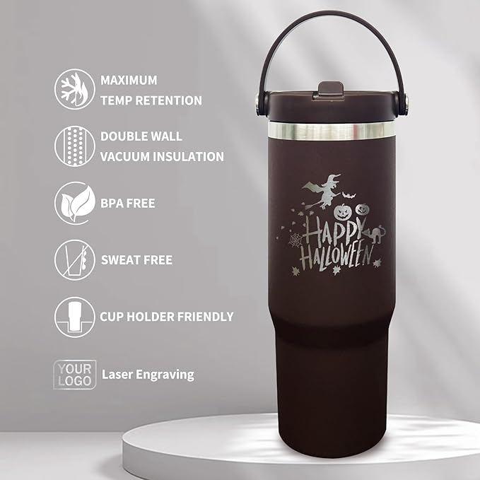 30 oz Tumbler with Handle, Double Wall Vacuum Insulated Tumblers with Flip Straw, Coffee Mug 30oz Powder Coated Cup for Hot and Cold Drinks(Coffee,1 pack)