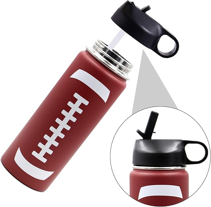 18 oz Football Water Bottle, Metal Thermo Travel Mug Sports Flask with 2 Lids, Stainless Steel Double Wall Vacuum Insulated Leak Proof Water Bottles, Football Accessories Gifts for Mom Men Boys Girls