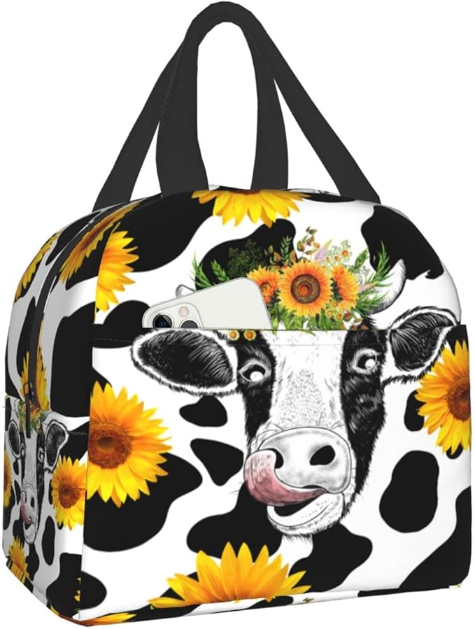 Sunflower Cow Print Portable Lunch Tote Bag Reusable Cute Lunch Box for Men or Women Perfect for office/Camping/Hiking/Picnic/Beach/Travel