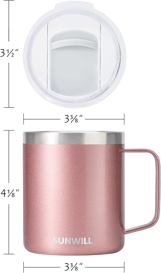 SUNWILL Travel Coffee Mug with Lid, Insulated Tumbler with Handle, 14 oz Stainless Steel Cup Set of 2 for Camping, Outdoor, Cool Grey & Rose Gold 2 Pack