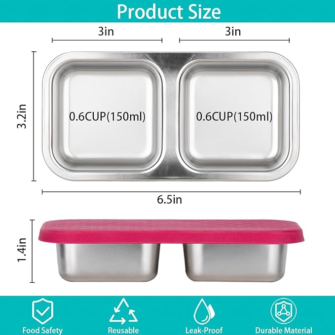 3 Pack Stainless Steel Snack Containers, 2 Compartment Snack Containers with Lids, Reusable Food Storage Containers for Travel, Outdoor, Camping(Orange/Red/Blue)