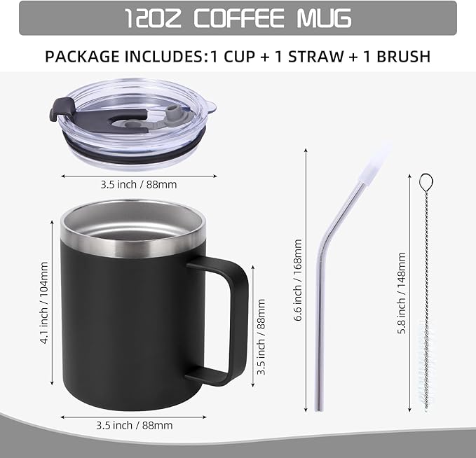 Volhoply 12oz Insulated Leakproof Coffee Mug with Flip & Straw Lid,Double Wall Vacuum Stainless Steel Travel Cafe Tumbler Cup with Handle,Reusable Camping Mugs Keep Cold/Hot(Black,1 Set)