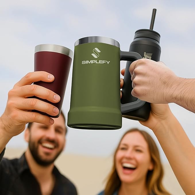 Adventure Beer Stein Mug with Big Grip Handle 24oz Insulated Stainless Steel Tumbler with Large Grip Handle, Keeps Beer Cold for Hours, BPA-Free, Holds 2 Cans, Durable Party Drink Cup