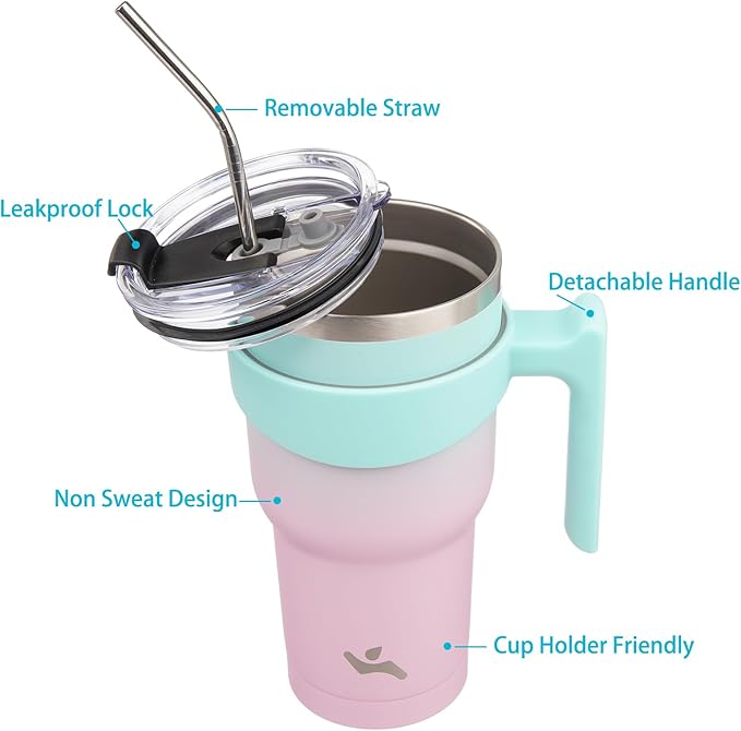 40 oz Tumbler with Handle and 2 Straw 2 Lid, Insulated Water Bottle Stainless Steel Vacuum Cup Reusable Travel Mug,Gum