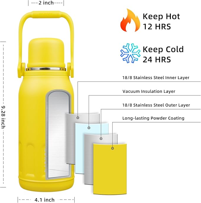 BJPKPK Insulated Thermal 40oz Disherwasher Safe Water Bottle with Handle and Lid Stainless Steel Water Bottles For Cold and Hot Beverages,Yellow