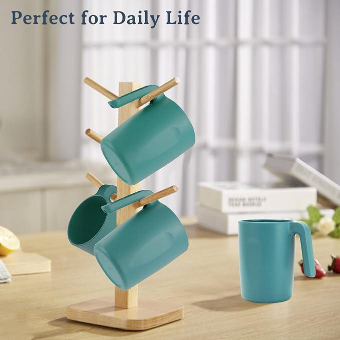 Wrova 16oz Wheat Straw Cups with handles set of 6-Plastic Cups Reusable-Unbreakable Kids Mugs-Dishwasher Safe & Microwave Safe-Ideal Plastic Mugs for Tea,Coffee,Camping,RV-Green