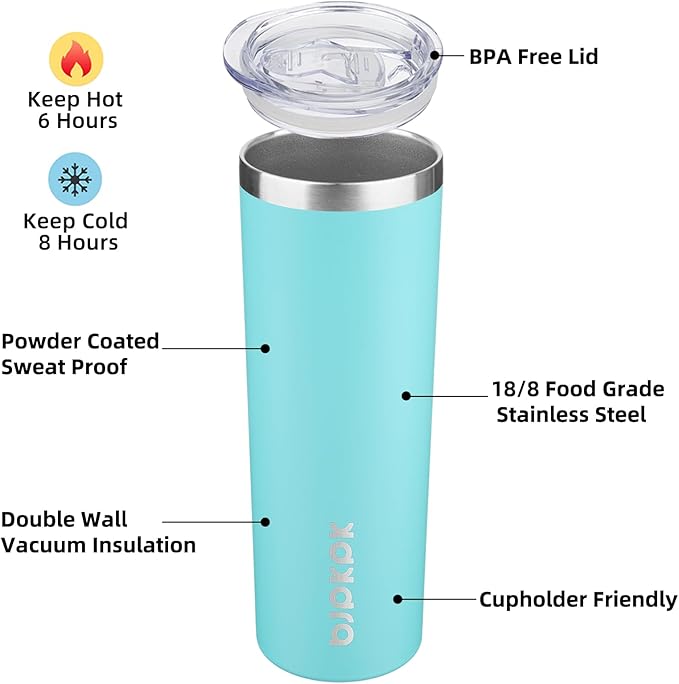 BJPKPK 2 Pack 20oz Skinny Tumblers with Lid Insulated Travel Coffee Cup Stainless Steel Thermal Mug,Turquoise,Turquoise