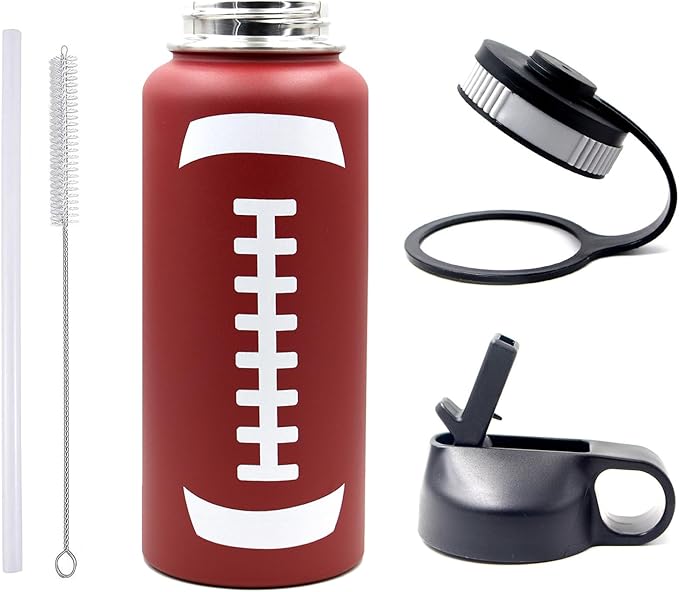 32 oz Football Water Bottle, Metal Thermo Travel Mug Sports Flask with 2 Lids, Stainless Steel Double Wall Vacuum Insulated Leak Proof Water Bottles, Football Accessories Gifts for Mom Men Boys Girls