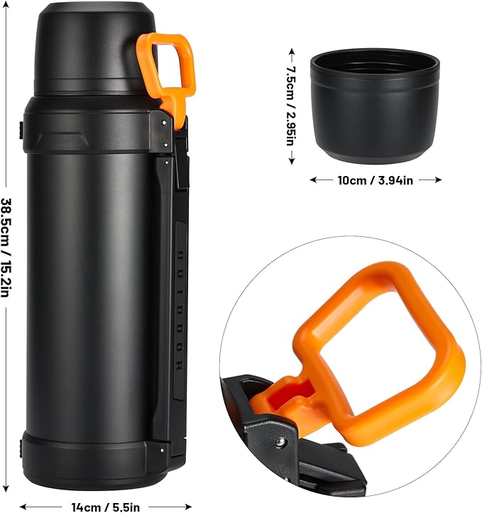88oz Large Coffee Thermo for Travel, 2500ml Insulated Stainless Steel Water Bottle with Cup and Handle, Water Jug for 24hr Hot and Cold drinks, Vacuum Flask for Camping, Fishing & Working, Black