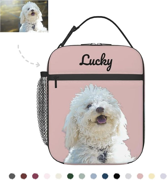 Personalized Pet Photo Lunch Bag, Custom Pet Lunchbag, Customizable Dog & Cat Portrait Insulated Neoprene Lunch Tote with Zipper and String Bag, Cute Funny Reusable Lunch Box Containe for Pet Lovers