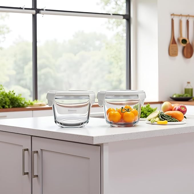 2 Cup Round Glass Soup Storage Containers with Lids, Round Glass Food Container with Airtight Lids, Borosilicate Food Storage Containers for Leftover, Oven, Dishwasher, Fridge Safe (4 Pack)