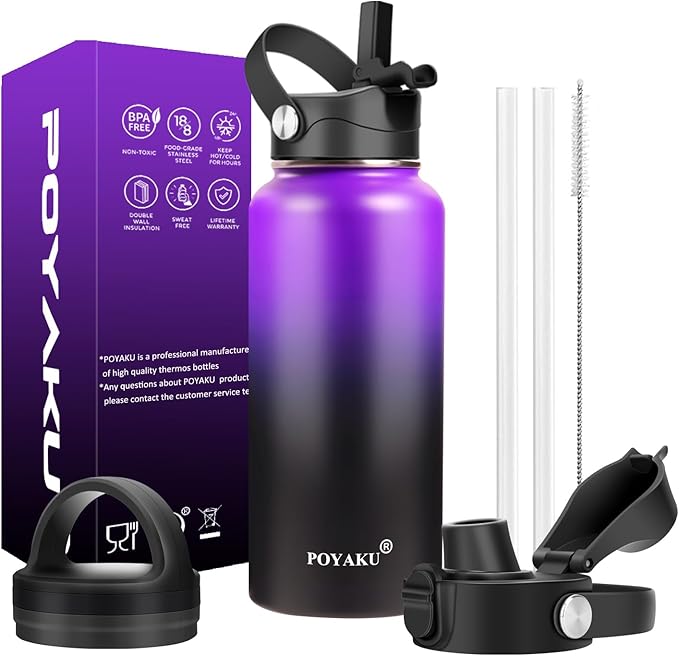 Water Bottle Insulated 32oz 40oz 64oz 128oz Straw Lid Spout Lid & 3 Lids, Leak Proof, Vacuum Insulated,Stainless Steel Water Bottle Wide Mouth for Sports, Gym or Office