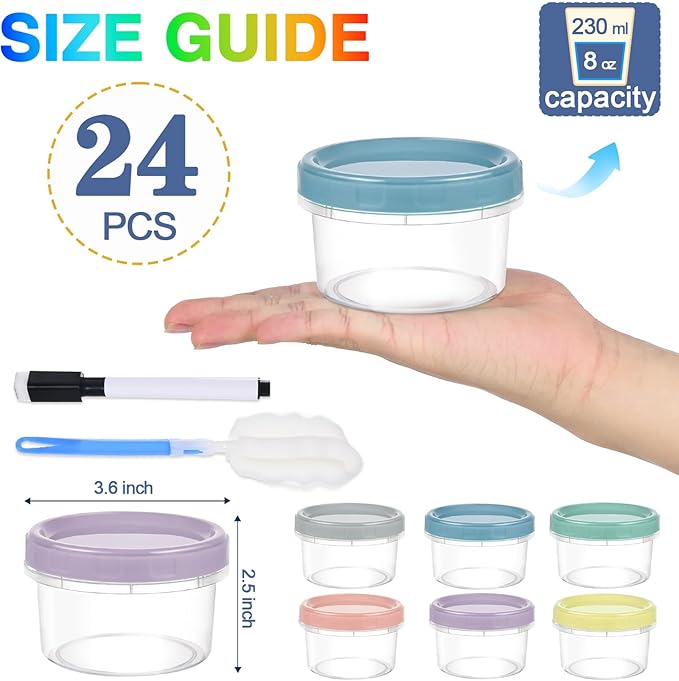 24pcs 8 oz Plastic Containers with Screw Lids, Reusable Clear Food Storage Containers with Pen and Brush for Snack Salad Fruit, Leakproof Small Freezer Containers, Microwave & Dishwasher Safe