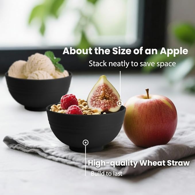 Black Wheat Straw Bowls, 10 OZ Unbreakable Snack Bowls Set of 8, Alternative Plastic Bowl Reusable, Microwave Safe Small Appetizer Bowl for Dessert, Snack, Ice Cream (Black)
