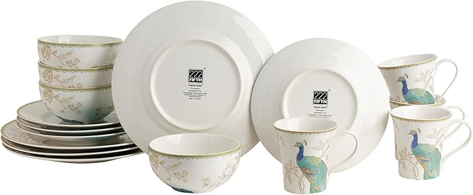 222 Fifth 16-Piece Porcelain Dinnerware Set for 4, Elegant Plates and Bowls Sets-White, Teal, Gold Ceramic Dishes, Chip Proof Kitchen and Dining Dish Set, Microwave & Dishwasher Safe, Peacock Garden