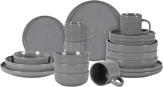 HomeVss, Nordic Shape Rising Rim Stoneware 20pc Dinnerware Set, Matte Grey with Speckle Finished Effect