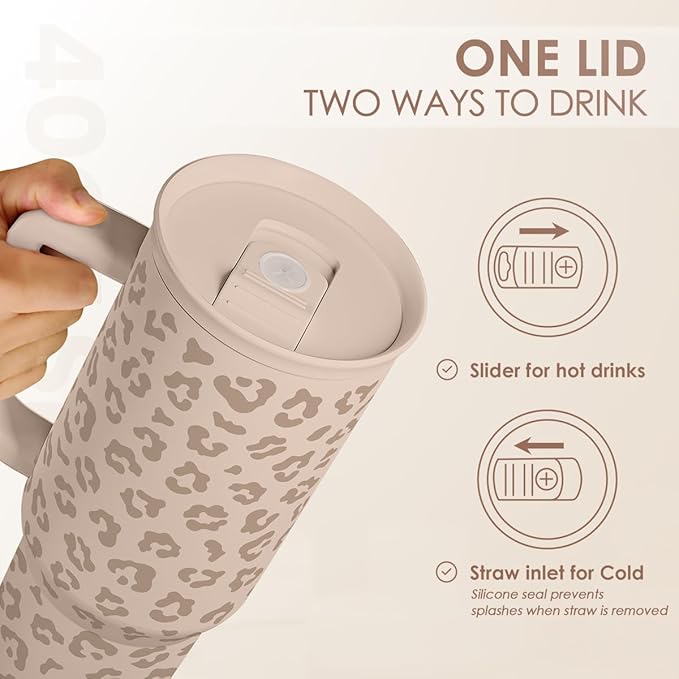 Leopard Tumbler with Handle, Insulated Cup Stainless Steel Travel Mug Cup, Gifts for Women Girl on Birthday Christmas, Tan Leopard, 40oz