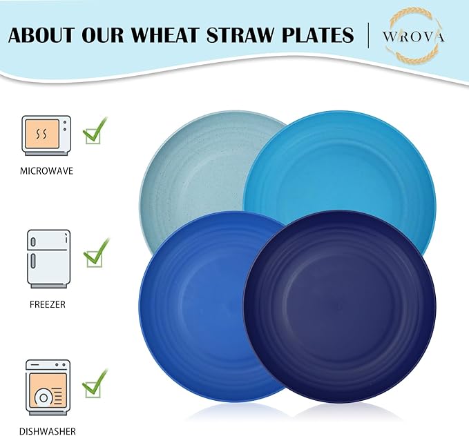 Wrova Wheat Straw Salad Plates - 9 Inch Unbreakable Dinner Set of 8 Dishwasher & Microwave Safe Plastic Reusable Lightweight for kitchen,camping (Ocean),Ocean Series:Gradient Blue