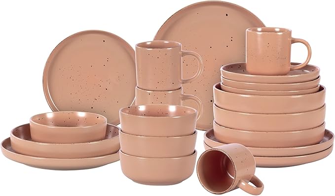 HomeVss, Nordic Shape Rising Rim Stoneware 20pc Dinnerware Set, Matte Rose with Speckle Finished Effect