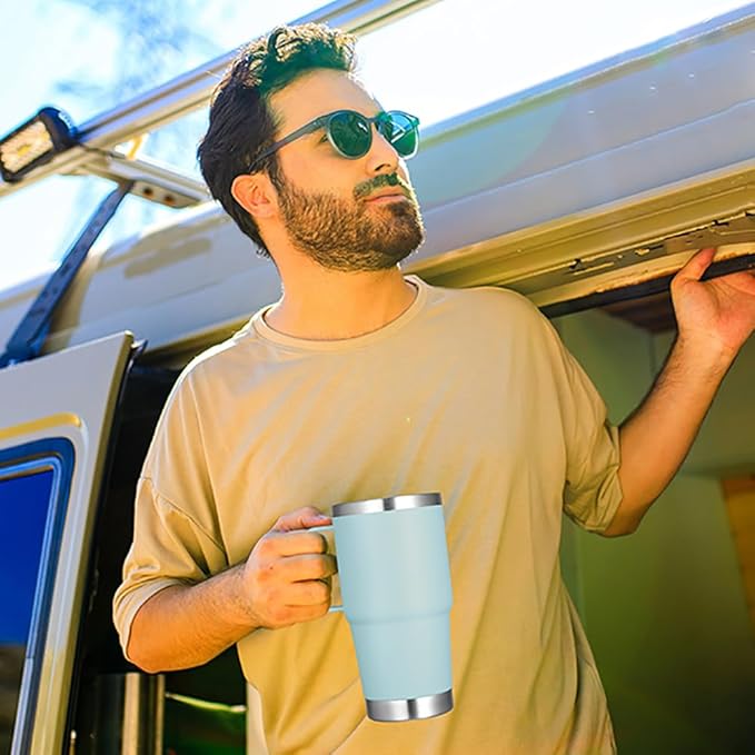 VEGOND 20 oz Tumbler with Handle Lid and Straw, Stainless Steel Insulated Travel Coffee Mug Spill Proof Double Wall Metal Tumbler Cup Keeps Drink Hot and Cold, Mint Green 1 Pack