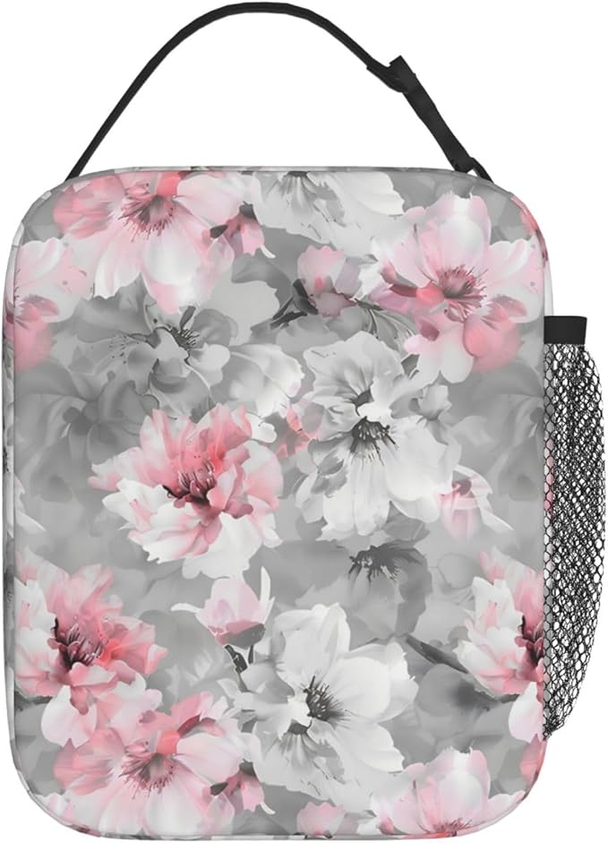 Reusable Floral Lunch Box for Kids Girls Boys Women Adult, Insulated Pink and White Flower Lunch Bag,Polyester Cooler Art Handbags Case for School Picnic Work Travel Beach or Hiking (Gray)