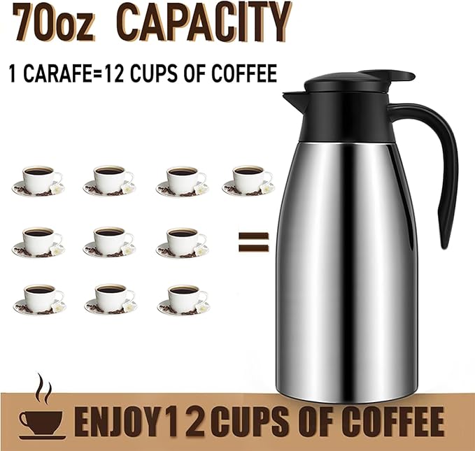 70oz Thermal Coffee Carafe, 2 Pack Airpot Insulated Coffee Urns Stainless Steel Vacuum Thermal Pot Dispenser for Coffee, Hot Water, Tea - Keep 12 Hours Hot, 24 Hours Cold (Silver)