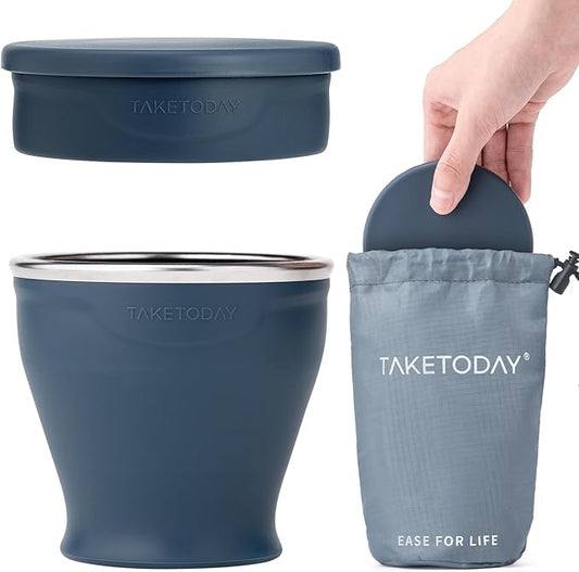 TakeToday Collapsible Travel Cup - Silicone Foldable Water Cup, BPA-Free with Lid & Waterproof Bag - Drinking Cup Set for Camping, Outdoors & International Travel（8 Oz, Navy）