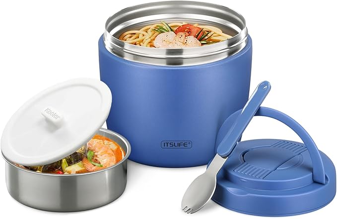 Soup Thermo for Hot Food Adults 32OZ Lunch Containers Wide Mouth Hot Food Jar Vacuum Insulated Stainless Steel Bento Box Leakproof with Spoon (Blue)