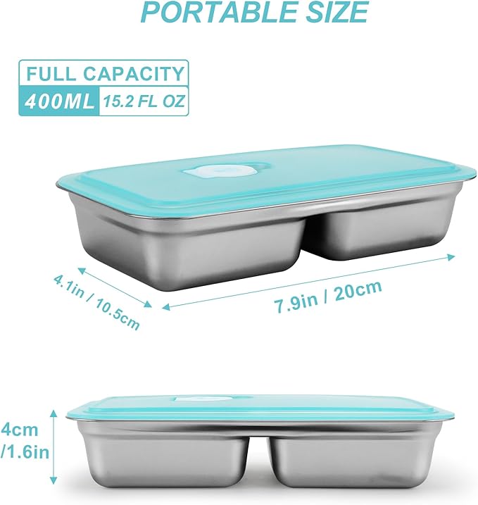 Stainless Steel Reusable Snack Containers with Lids, Grab and Go Double Compartments Snackle Box Containers, Small Sauce Condiment Containers for Travel,School,Camping, Dishwasher Safe, 2 Pack, 15.2oz