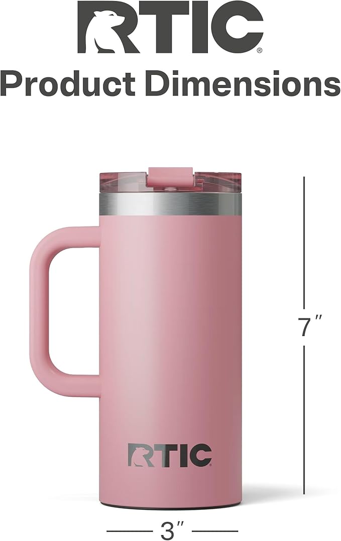 RTIC 16oz Road Trip Travel Mug with Lid and Handle, Ceramic Lined, Insulated, Stainless Steel, Metal, Double Wall Vacuum-Insulation, Portable Coffee, Tea Cup for Hot and Cold Drink, Dusty Rose