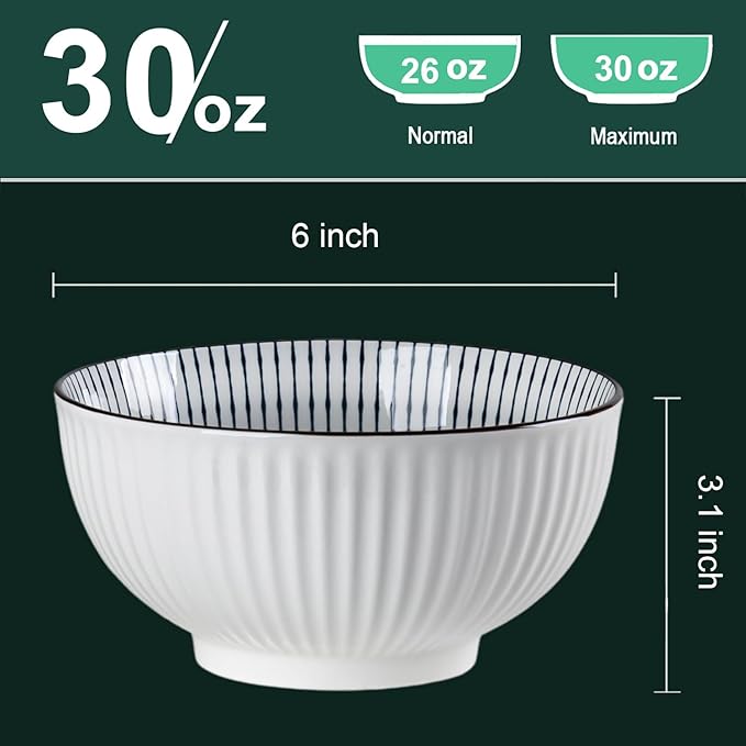 QINLANG 6 Inch Blue and White Porcelain 30 oz Bowls Set of 6 for Soup, Cereal, desserts, ice cream and Rice - Mixing Pattern