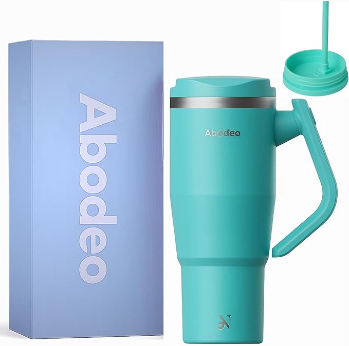 32 oz Leak Proof Insulated Coffee Tumbler | Stainless Steel Tumblers, Rotatable Handle, Straw and Lid | Spill Proof Travel Coffee Mug, Fits Most Car Cup Holders (Fresh Mint Blue)