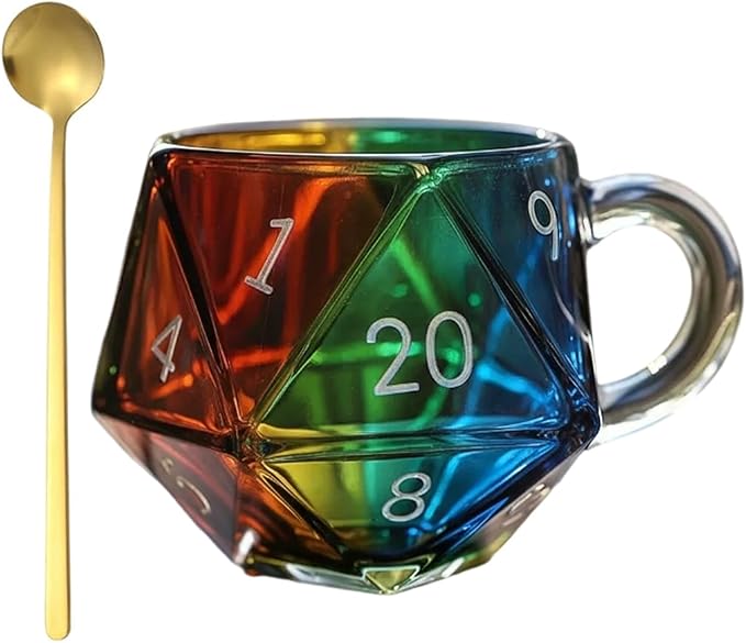 Rainbow D20 Dice Mug, D20 Dice Glass Coffee Mugs, Polyhedral Dice Coffee Cup with Handle, Funny Collection Class Coffee Mug, Gift for Game Enthusiasts