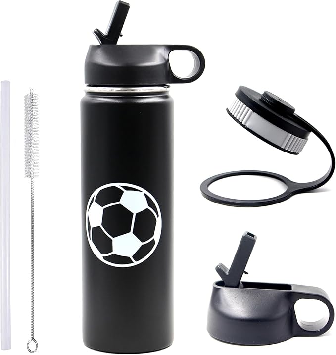 22 oz Soccer Water Bottle, Metal Sports Flask Travel Tumbler with 2 Lids, BPA Free 18/8 Stainless Steel Leak Proof Double Wall Vacuum Insulated Water Bottles, Soccer Stuff Gifts for Boys Girls Players