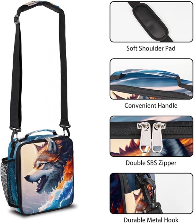 Wolf Lunch Bag for Kids, Colorful Ocean Wave Art Animal Wolf Boys Lunch Box, Reusable Insulated Waterproof Lunch Box with Adjustable Shoulder Strap Thermal Cooler Tote Bag for School Daycare Picnic
