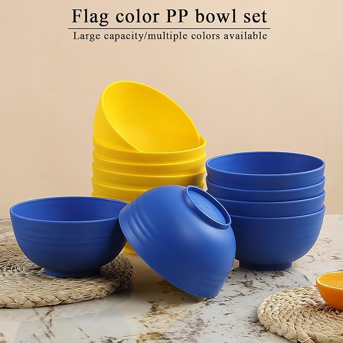 Berglander Plastic Bowls Set of 12 Pieces 25oz, UKR Color Reusable and Sturdy Ramen Bowl, Soup Bowls, Cereal Bowl for Adult, Kids, Home, Restaurant, Garden, Picnic, Camping, Poolside, Outdoor