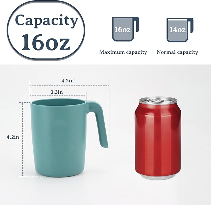 Wrova 16oz Wheat Straw Cups with handles set of 6-Plastic Cups Reusable-Unbreakable Kids Mugs-Dishwasher Safe & Microwave Safe-Ideal Plastic Mugs for Tea,Coffee,Camping,RV-Green