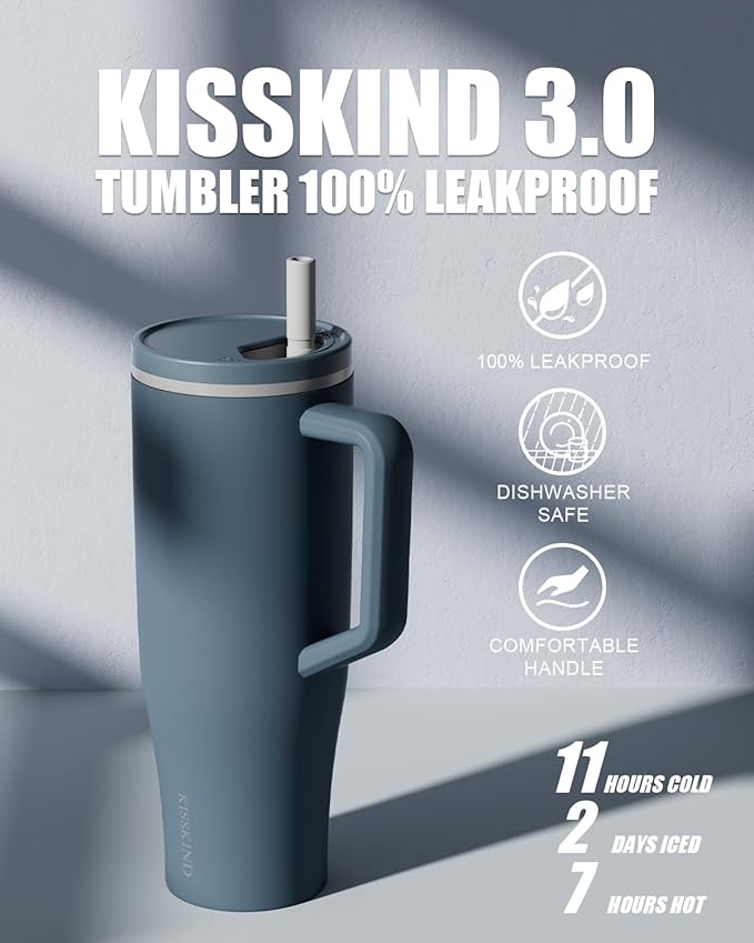 KISSKIND 40 oz Tumbler with Handle and Straw | Lumi Spin Hidden Straw 100% Leakproof Insulated Tumbler | Stainless Steel Water Bottle for Mom, Nurse, Teacher | Green Apple