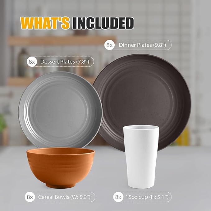 Teivio 32-Piece Kitchen Plastic Wheat Straw Dinnerware Set, Service for 8, Unbreakable Dinner Plate/Dessert Plate/Cereal Bowl/Cup,Outdoor Camping Dishes for Life/Vintage,Farmhouse,Rustic Multicolor