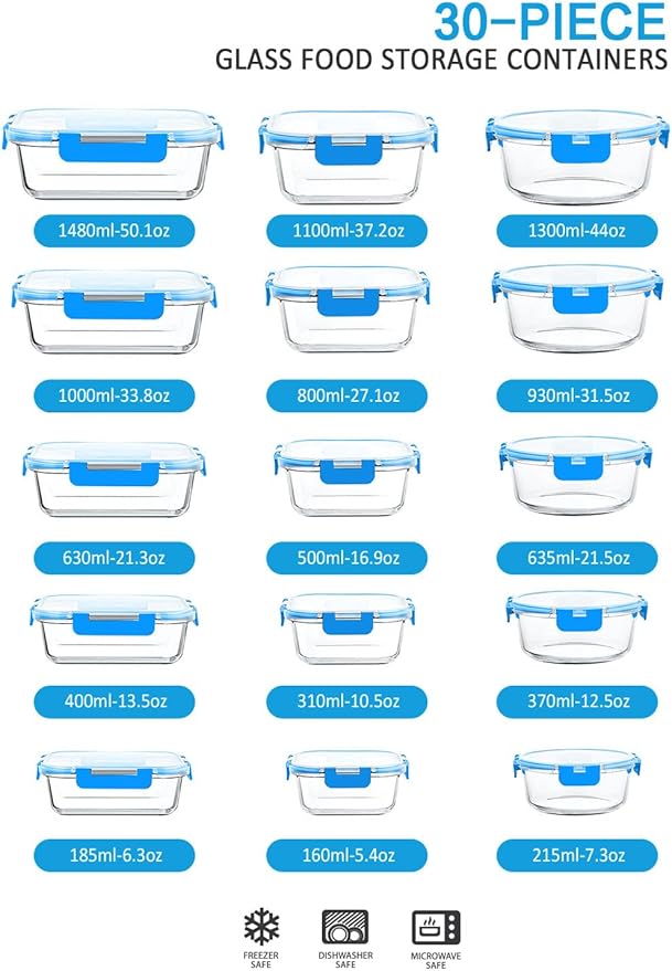 30 Pieces Glass Food Storage Containers with Upgraded Snap Locking Lids,Glass Meal Prep Containers Set - Airtight Lunch Containers, Microwave, Oven, Freezer and Dishwasher Friendly, Blue