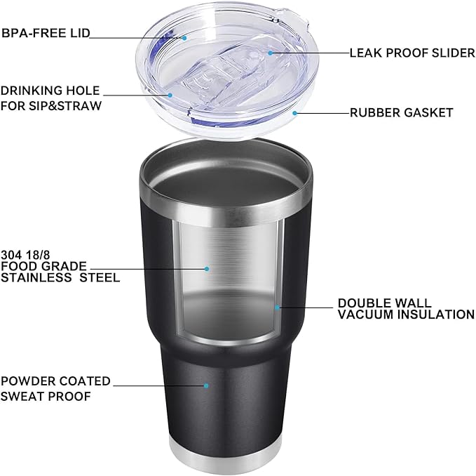 DOMICARE 30oz Tumbler Bulk with Lid and Straw, Double Wall Travel Coffee Mug, Insulated Vacuum Stainless Steel Tumblers, Powder Coated Tumbler Cup (Black, 8)