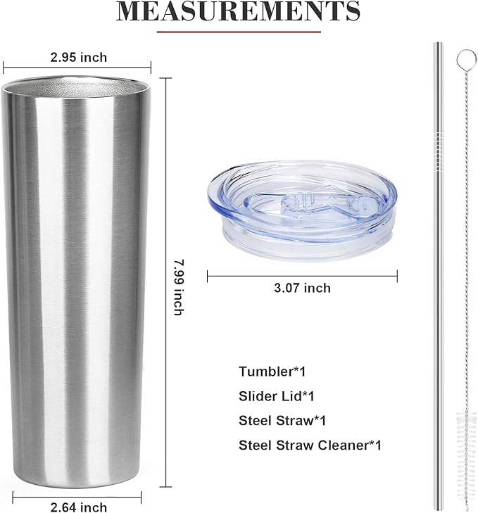 20 oz Skinny Tumbler with Lid and Straw,Stainless Steel Vacuum Insulated Tumbler Cup Double Wall Leak-proof Coffee Mug,Travel Thermal Water Tumbler for Office,Outdoor(Silver,1)