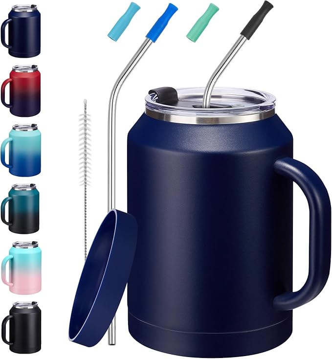 50 oz Mug Tumbler with Handle and Straw - 2-in-1 Lid, Insulated Metal Iced Coffee Thermal Cup, Stainless Steel Water Mugs, Double Wall Vacuum Water Cups Keep Cold-36H Hot-24H, 50oz Large Flask Jug