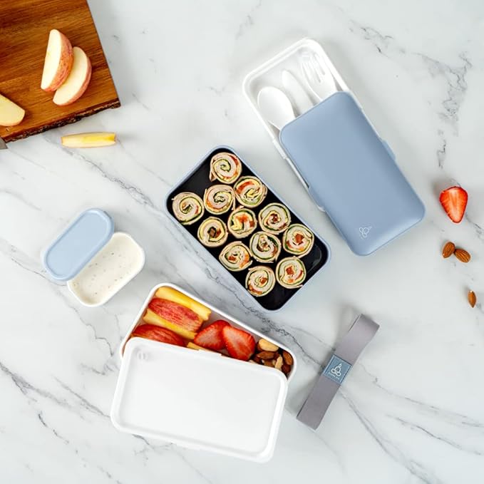 Restaurantware Bento Tek 40.5 Ounces Stackable Lunch Box 1 Reusable Adult Lunch Container - With Utensils Included Sauce Cup Blue & White Plastic Layered Lunch Box Microwavable Dishwashable