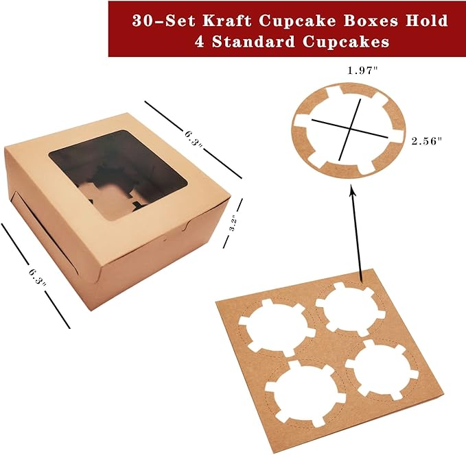 30-Set Cupcake Boxes Bulk with Clear Display Window Hold 4 Standard Cupcakes, Disposable Food Grade Brown Cupcake Carrier Cupcake Container, Perfect for Cupcakes Muffins Cookies Pastries