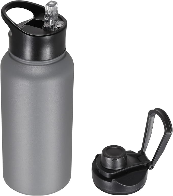 32 oz Insulated Water Bottle with Straw Lid & Wide Mouth Lids, Stainless Steel Sports Water Bottles, Double Walled Vacuum, Leak Proof, Gray