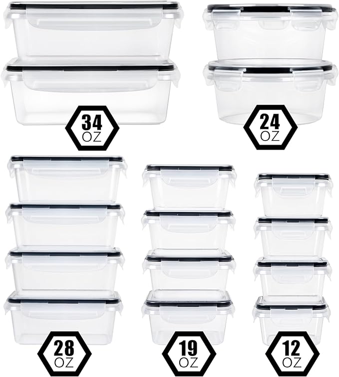 32 Piece Food Storage Container with Lids (16 Containers + 16 Lids) - Plastic Food Containers with Lid, Airtight Leak Proof Snap Lock, BPA Free Storage Containers