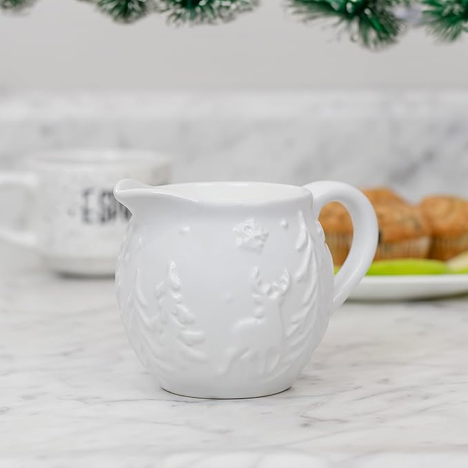 AuldHome Design Reindeer Christmas Cream and Sugar Set; Ceramic Embossed White Serving Sugar Bowl and Cream Pitcher