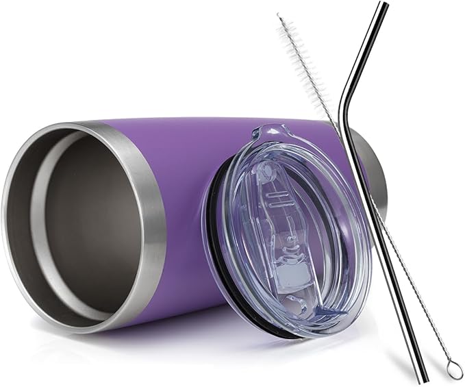 COMOOO 20oz Double Wall Vacuum Insulated Travel Mug, Stainless Steel Tumbler with Lid and Straw for Women Durable Powder Coated Insulated Coffee Cup for Cold & Hot Drinks(Purple, 1 Pack)